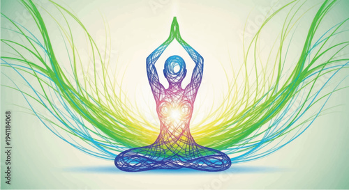 Abstract Yoga Meditation Figure: Energetic Rainbow Aura, Glowing Light, Spiritual Wellness, and Chakra Balance Illustration.