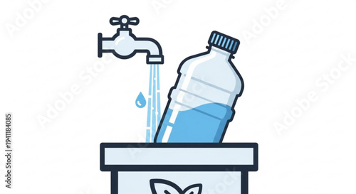 Plastic water bottle being filled with fresh drinking water from a tap into a recycling bin for eco friendly reuse and sustainability