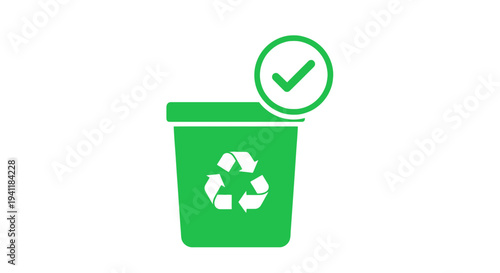 Recycling bin with checkmark icon indicating proper disposal of waste materials in an environmentally friendly manner