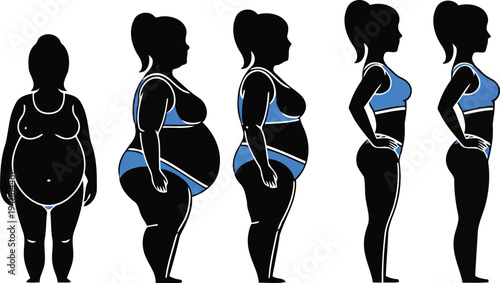 Female silhouette body transformation and weight loss graphic