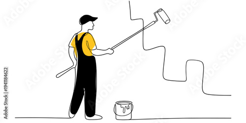 One line painter man painting wall continuous minimalist vector illustration