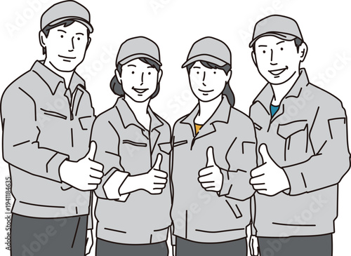 サムズアップでチームワークのある男女の作業員のイラスト素材