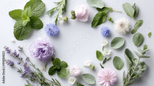 Flat lay arrangement of various colorful flowers and green leaves on white background