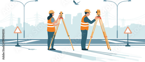 Land surveyors working with theodolite tripod measuring road construction site, civil engineering surveying infrastructure planning fieldwork illustration