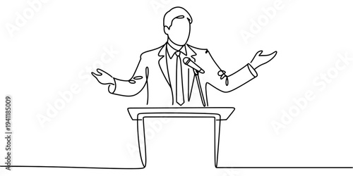 One line businessman speaking at podium continuous minimalist vector illustration