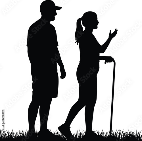 Golf players silhouettes, man and woman golfer with club discussing shot on course, sports activity vector illustration