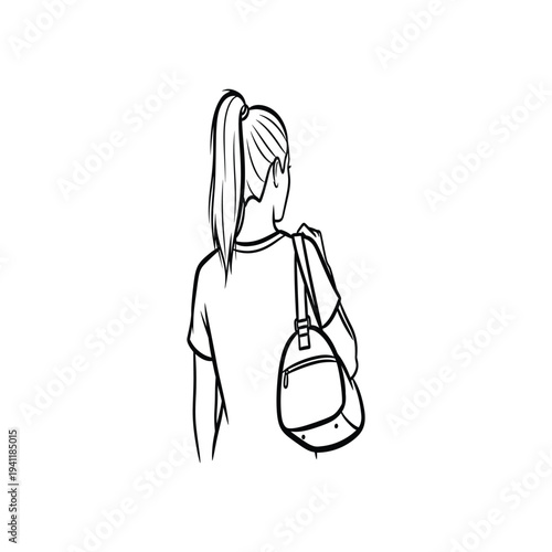 Back View Young Woman with Backpack Minimal Female Character Outline Line Art Vector illustration.