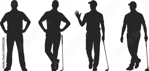 Golfer silhouettes set, golf players holding clubs in different poses, sport activity vector illustration isolated collection