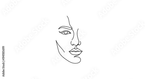 Minimalist continuous line art depicting a serene female profile, elegant black and white