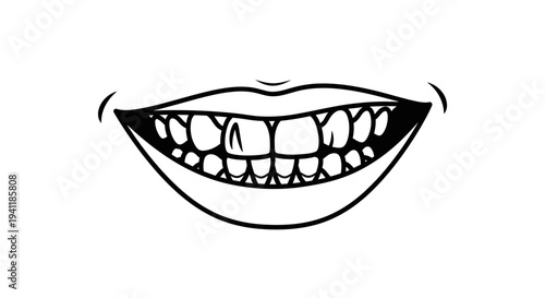 Cartoon mouth with a wide smile displaying teeth, featuring a unique front tooth illustration