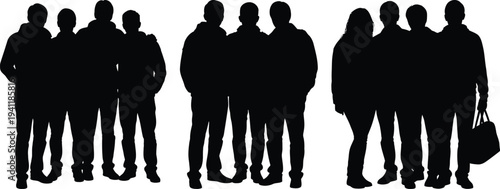 Silhouette of people standing in groups on white background  various poses and stances