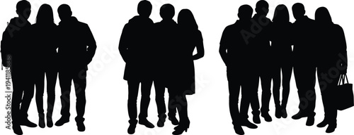 Silhouette of people standing in groups on white background  various poses