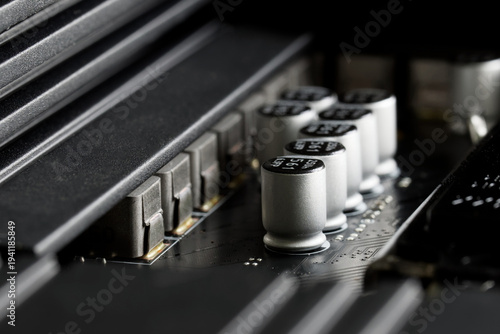 Tableau sur toile Macro view of metallic capacitors on a dark computer mainboard