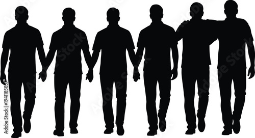 Silhouette of a group of five men walking together in a line holding hands  friends