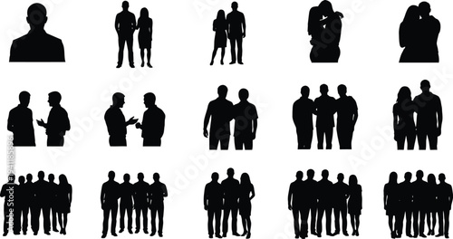 Collection of various black silhouettes of people standing and interacting in groups and pairs