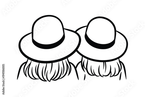 Minimalist Two Women Wearing Hats Back View Friendship Lifestyle Line Art Vector illustration.