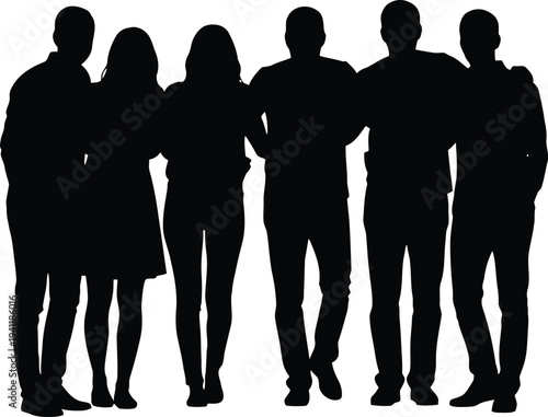 Group of six people standing together in silhouette on white background
