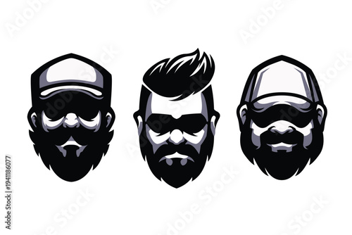 Three cartoon bearded men wearing caps and sunglasses in flat design style