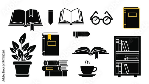 Black and white illustrations of books plant cup and glasses on white background for education concepts
