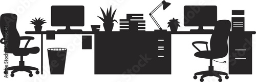 Office workspace desk computer chair workplace equipment modern corporate interior workstation furniture silhouette flat vector illustration design