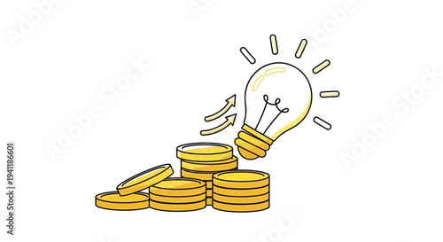 Coins stacked with a lightbulb on top, symbolizing innovative financial ideas and investment, from a front viewpoint.