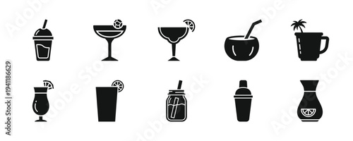 Set of black drink icons on white background, various beverages illustrated