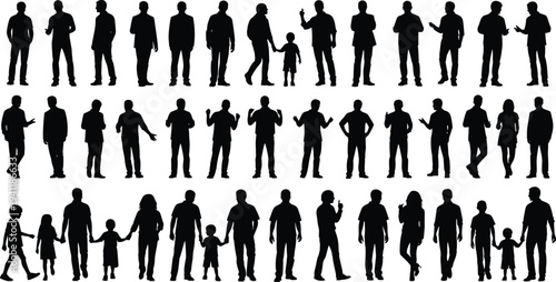 Human silhouette vector illustration with adults and children, diverse standing poses, social interaction artwork, gesture design, family posture collection