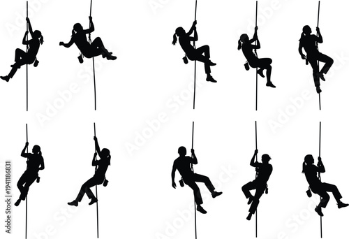 Human silhouettes climbing and rappelling ropes, harnesses, helmets, diverse poses, safety gear, rock climbing, rescue training illustration