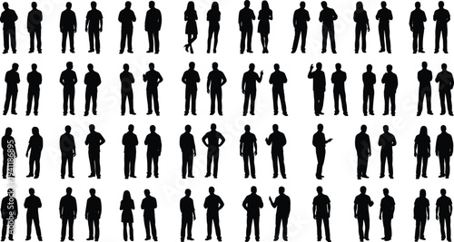 Human silhouettes grid with diverse postures, standing poses, arms crossed, hands in pockets, gesturing, male and female figures, crowd representation illustration