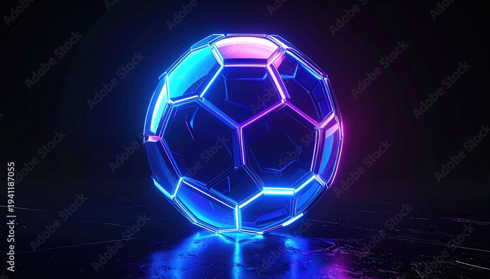 Naklejka premium A futuristic rendering of a geometrically structured sphere with illuminated edges. The glowing lines give the form a digital appearance