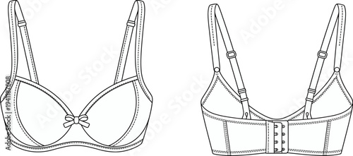 Women classic bra front and back view lingerie underwear fashion garment template outline apparel design flat vector illustration