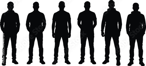Human silhouettes with casual clothing, hooded figure, pants variations, diverse postures, standing poses, fashion comparison illustration