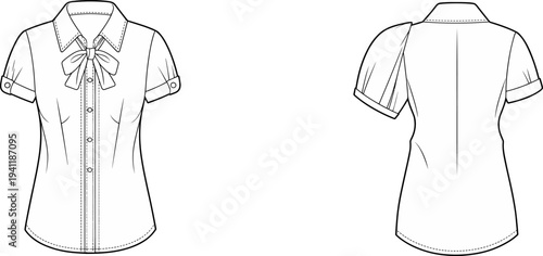 Women, bow, blouse, technical, fashion, drawing, front, back, view, short, sleeve, button, collar, elegant, apparel, garment, template, outline, vector, illustration