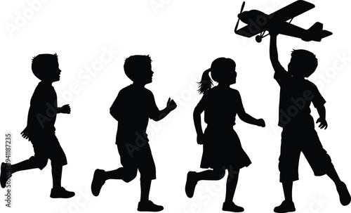 Black silhouette of happy children running and playing together outdoors with a toy airplane representing childhood freedom, joy, and imagination.