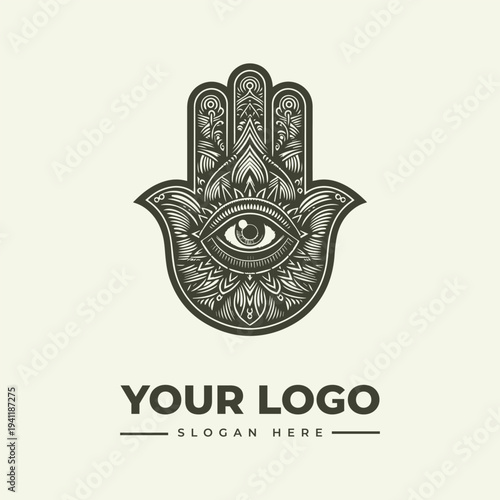 A logo featuring an eye within a hamsa hand design with intricate patterns on a beige background, suitable for branding or icon use.