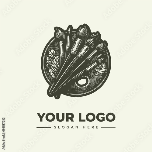 A vintage-style illustration of paintbrushes on a decorative palette with floral patterns and a logo placeholder in a woodcut style against a cream background.