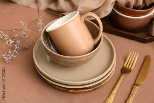 Stack of clean dishes with ...