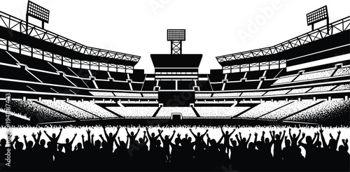 Large stadium vector illustration with cheering crowd, sports event atmosphere, floodlights, scoreboard, vibrant audience celebration, architectural grandeur, entertainment venue design