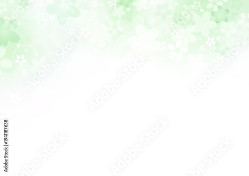 桜の春背景 グリーングラデーション 和風さくらバナーテンプレート | A4 横 上部装飾 コピースペース ベクター素材