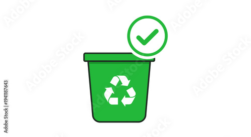 Recycling bin with recycling symbol and checkmark illustration representing sustainability and eco-friendly practices in a simple graphic style