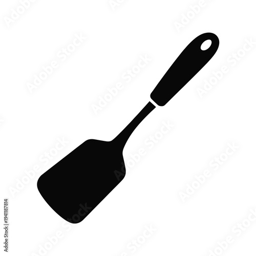 A clean black and white silhouette of a spatula with a round handle kitchen tool cooking utensil