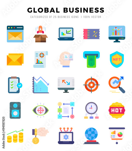 Global Business Flat icons collection. 25 icon set in a Flat design.