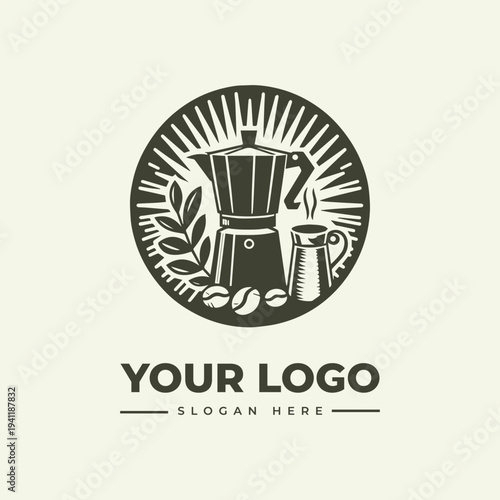 A vintage-style woodcut illustration of a coffee logo with a coffee maker, cup, and leaves on a beige background, featuring a circular design with sunburst lines and a placeholder for a