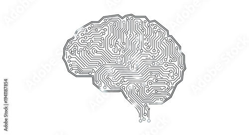 Digital representation of the human brain outline stylized with intricate electronic circuit board pathways glowing subtly