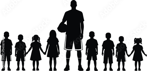 Silhouette of a male sports coach or teacher standing with a diverse group of young children, isolated on white background.