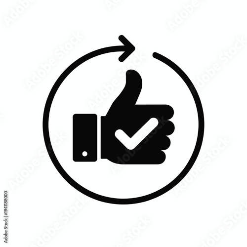 Black and white of a thumbs up with a check mark inside a circular arrow