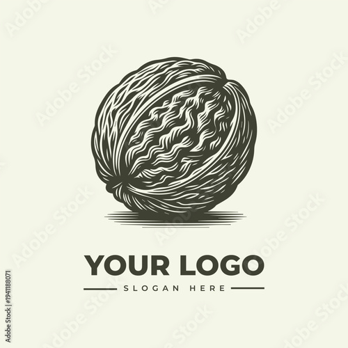 A vintage-style woodcut illustration of a ball of yarn with a logo and slogan text on a clean white background, designed as a template for a company emblem.