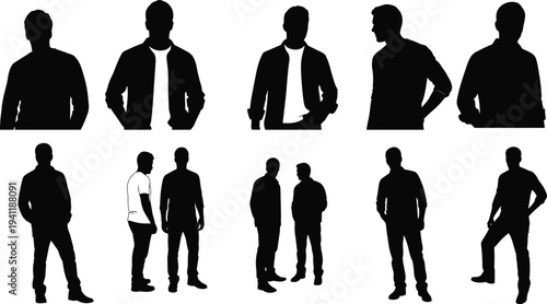 Male figure silhouettes, standing posture illustration, people interaction vector, human body language graphic design, conversation outline art collection