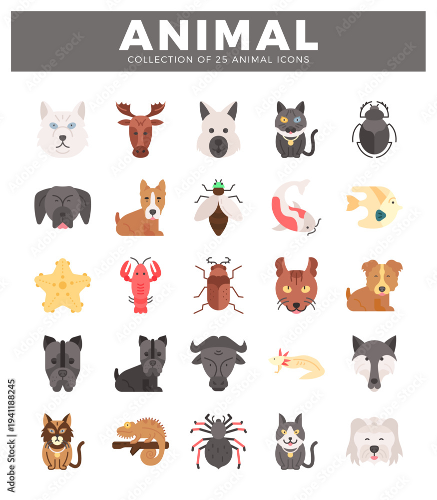 Fototapeta premium Vector animal icon collection with diverse species in flat design on white background