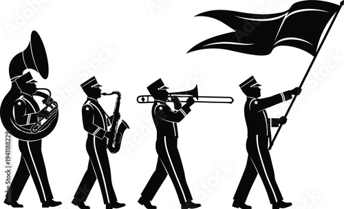 Marching band silhouettes with sousaphone, saxophone, trombone, flag bearer, parade formation, musical performance, ceremonial event, uniformed musicians, vector illustration, black silhouette art
